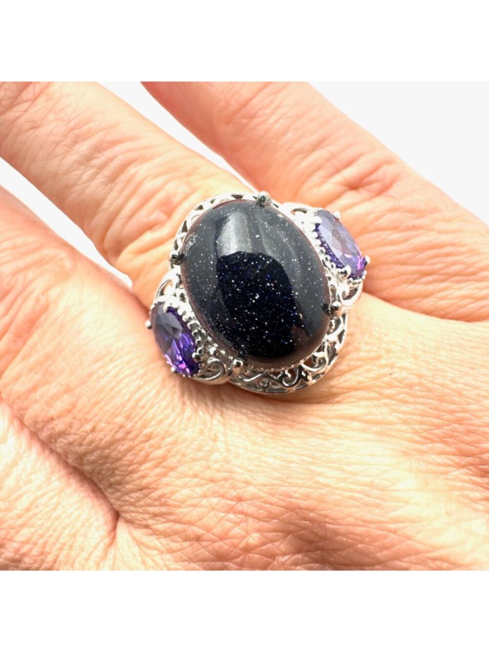 Chuck Celmency Blue Gold Stone & Amethyst Statement Ring Sterling Silver Size 9